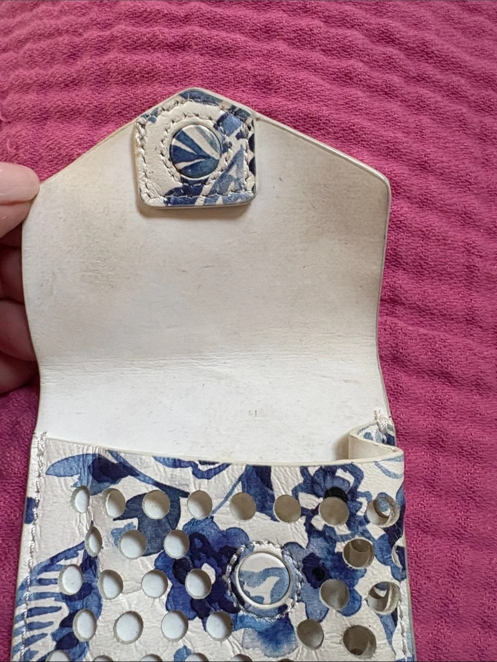 Loeffler Randall White Leather Phone Sleeve with Blue Floral Print